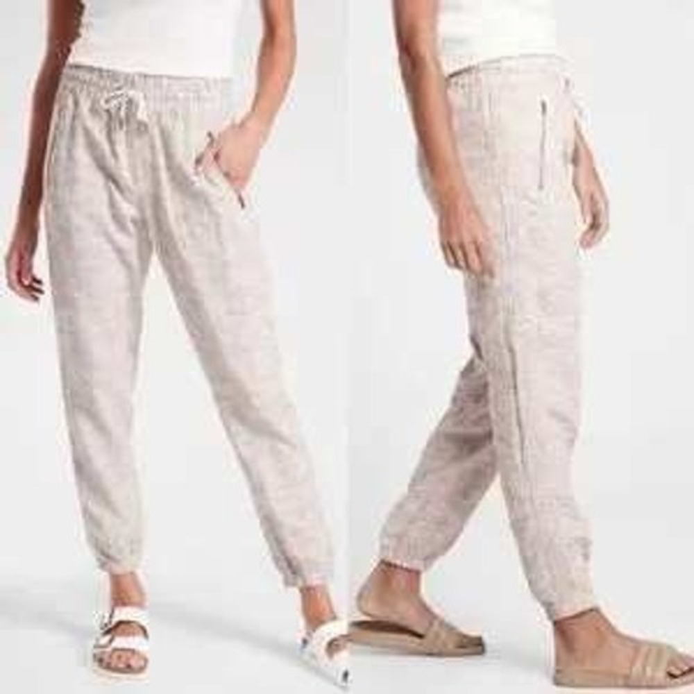 Athleta‎ Women's Cabo Tide Linen Joggers Drawstrings Khaki Lite Tan Camo Size 4P